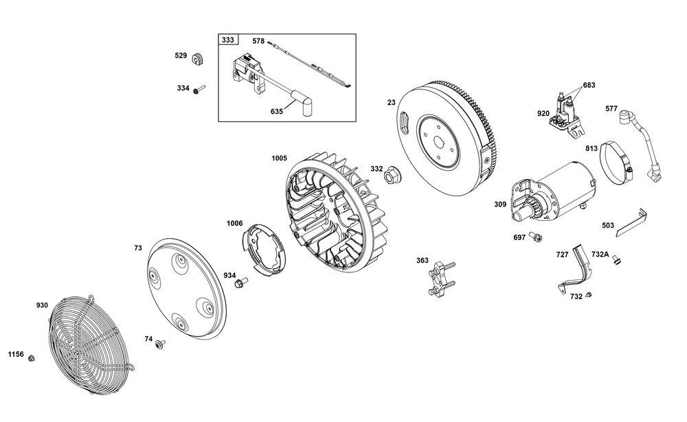 Flywheel, Ignition, And Starter Group Diagram and Parts List for 356777-0145-B5 200000 - 399999 Briggs and Stratton Engine